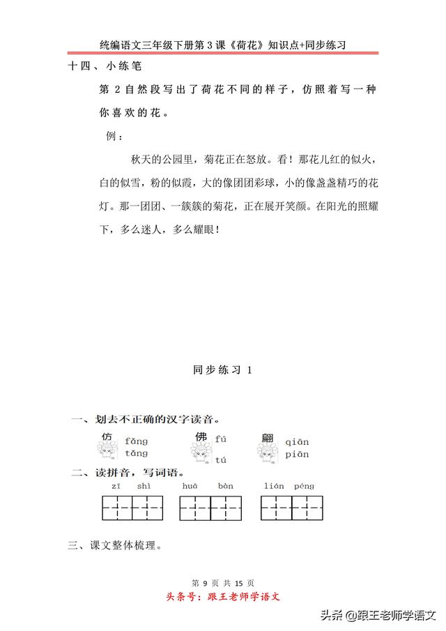 统编版语文三年级下册第3课《荷花》知识点+同步练习