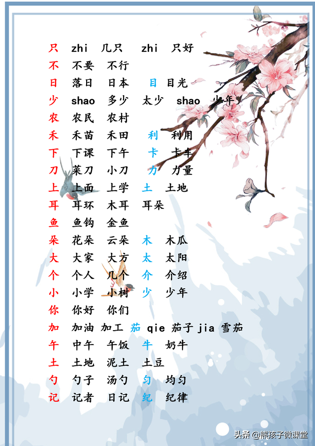 幼小衔接生字表，一年级生字表注音练习（孩子入学前应该掌握的300个生字+组词）