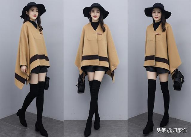 斗篷衣服怎么搭配，斗篷衣服怎么搭配穿着图片（配上短裤+过膝长筒靴）