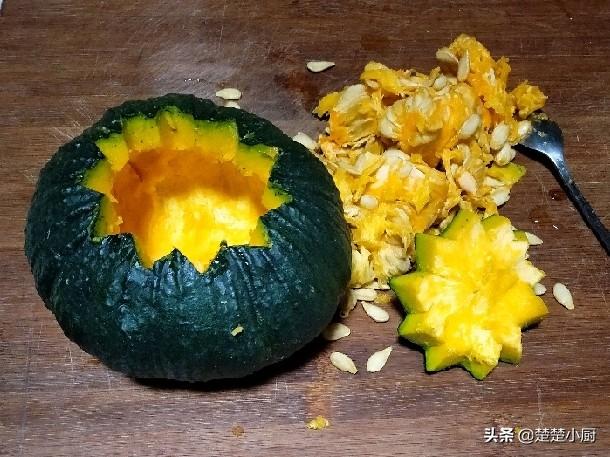 南瓜盅蒸饭做法步骤，板栗南瓜盅虾仁鸡肉丁蒸饭