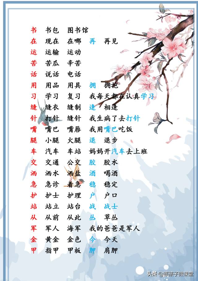 幼小衔接生字表，一年级生字表注音练习（孩子入学前应该掌握的300个生字+组词）