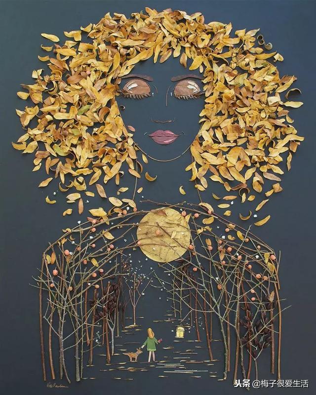 儿童手工树叶贴画，儿童手工树叶贴画图片 一等奖（树叶、树枝、花朵都拿来贴画了）