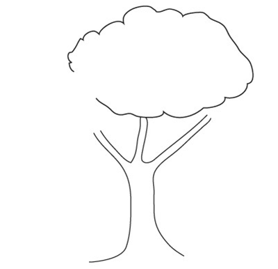 用字母m画树干,用弧线画树冠,再涂上颜色,大树就画好了,下面就来画