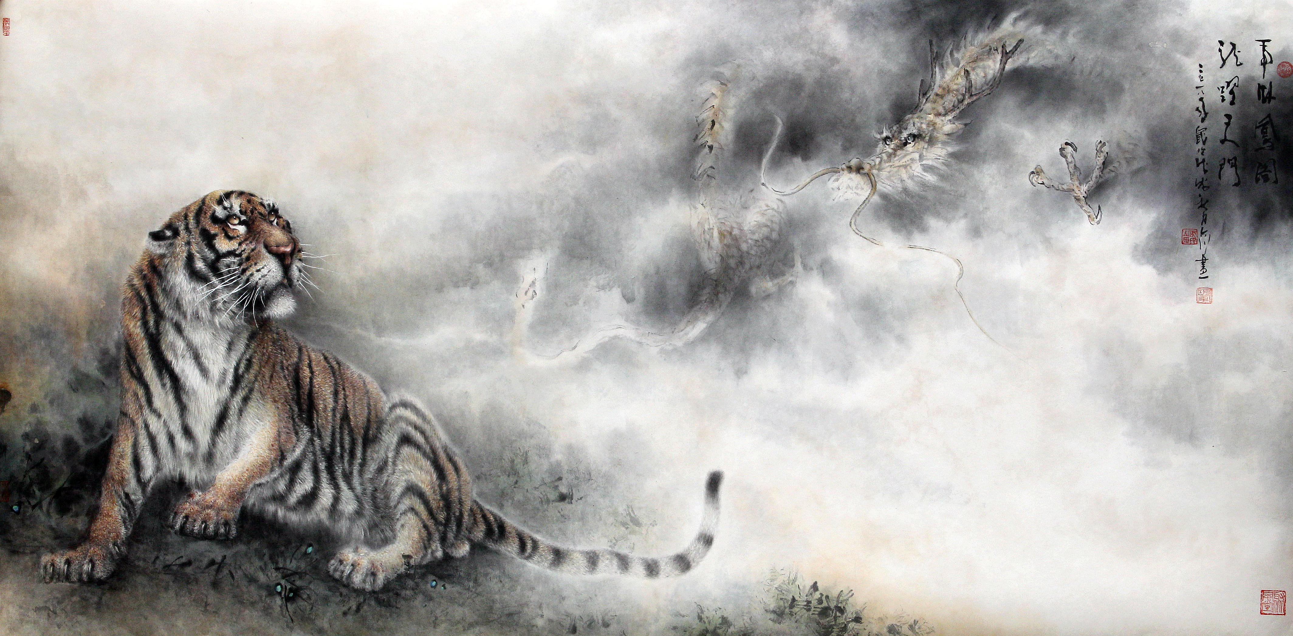 中国画虎名家巩大川工笔作品1987年,在河南濮阳西水