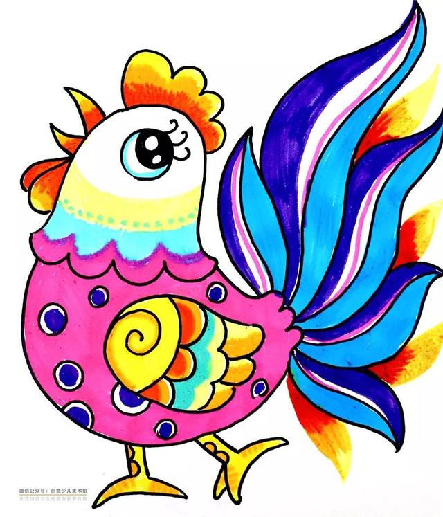公鸡怎么画简笔画,公鸡怎么画简单又漂亮带颜色(儿童画教程,水彩笔画