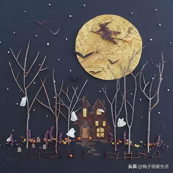 儿童手工树叶贴画，儿童手工树叶贴画图片 一等奖（树叶、树枝、花朵都拿来贴画了）
