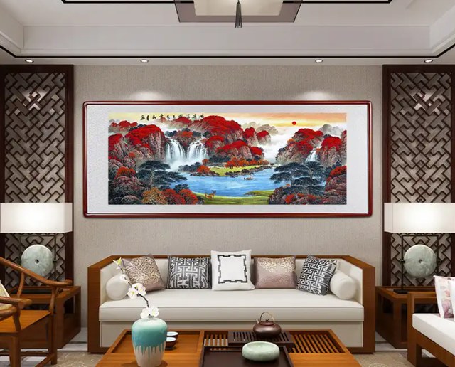 鸿运当头画图片大全，客厅墙画图片（家中挂一幅“鸿运当头”山水画）