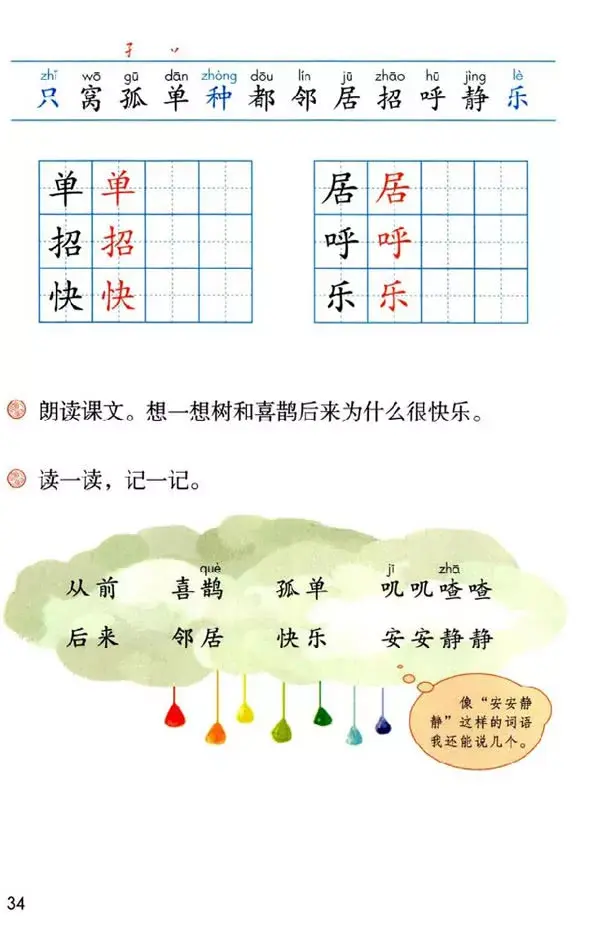 乐的偏旁，部编版一年级下册语文第6课《树和喜鹊》知识点+图文讲解