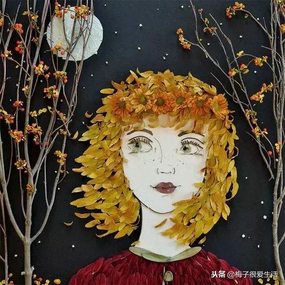 儿童手工树叶贴画，儿童手工树叶贴画图片 一等奖（树叶、树枝、花朵都拿来贴画了）
