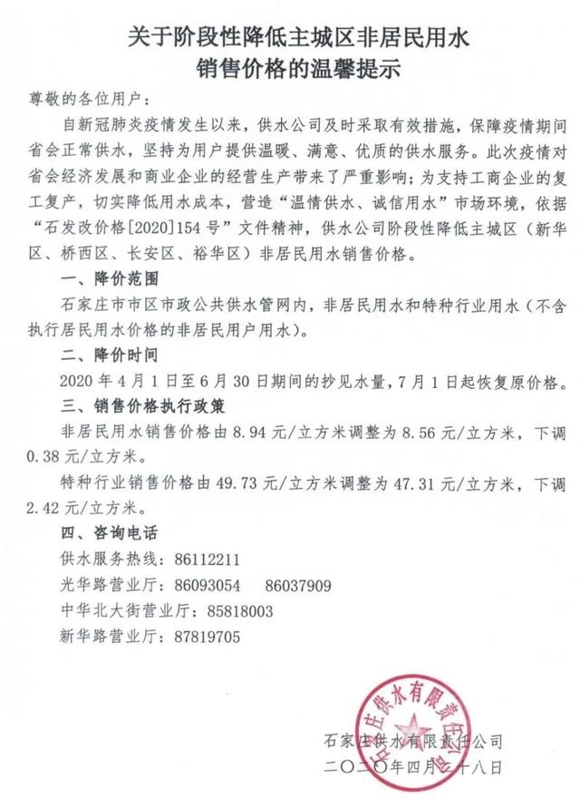 石家庄水费多少钱一吨，石家庄主城区非居民水价暂时下调