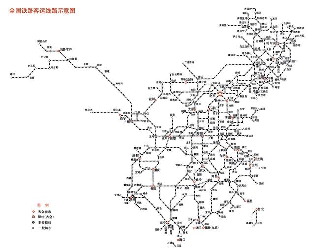 中国铁路网分布图，我国高铁网地图主要分布（全国铁路客运管辖线路示意图）