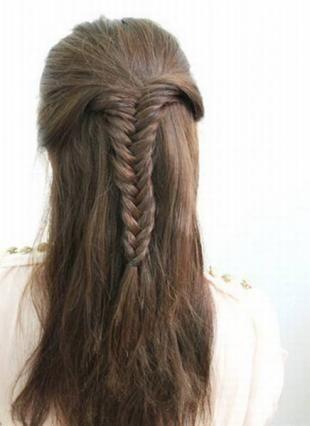 首先是鱼骨辫子,先将头发分成两股,再各取两边一股头发,交叉编一下,接