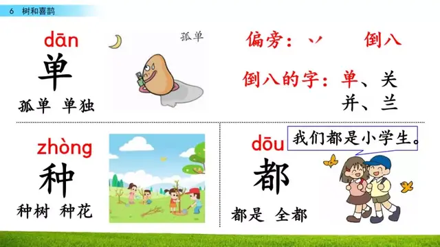 乐的偏旁，部编版一年级下册语文第6课《树和喜鹊》知识点+图文讲解