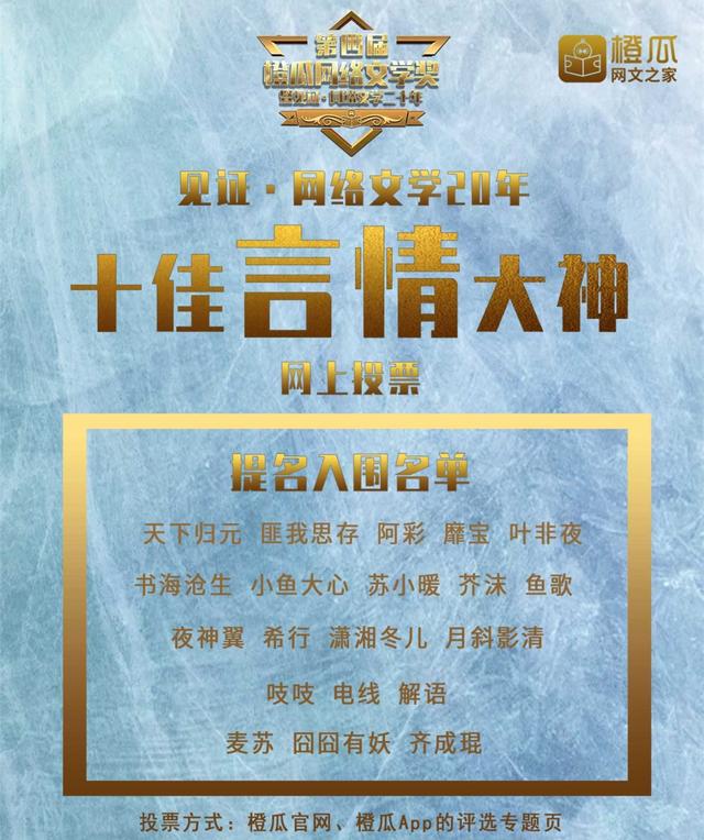 第四届橙瓜网络文学十大作品，第四届橙瓜网络文学奖20年十佳言情大神天下归元暂时排第三名
