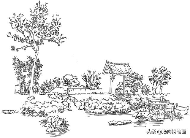 池塘怎么画简单又好看，池塘怎么画简笔画（钢笔画-塘边茅屋）
