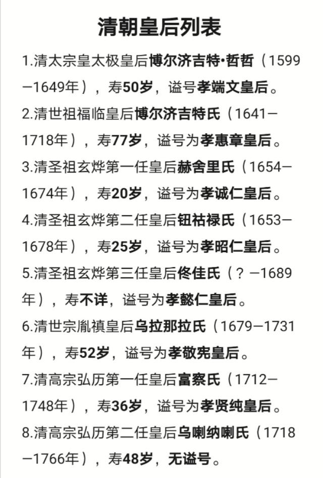 清朝妃子排位表，清朝皇后列表排名表（清朝16位皇后列表图）