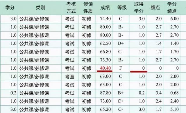 大学挂科成绩单图片