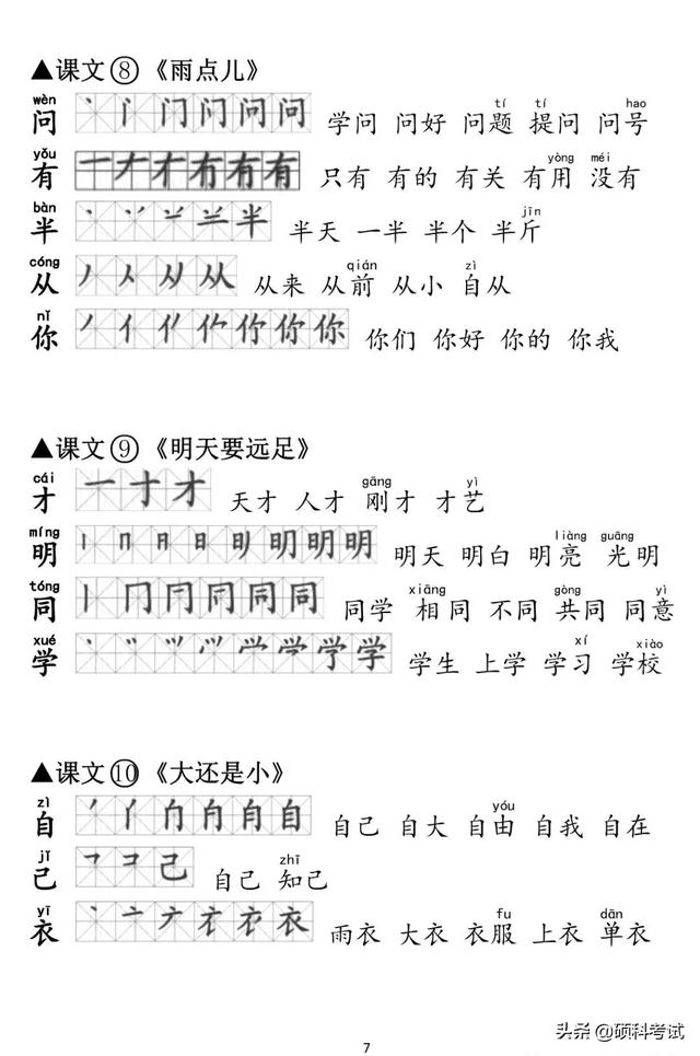 部编版一年级生字组词电脑版，全课生字注音、笔顺、组词