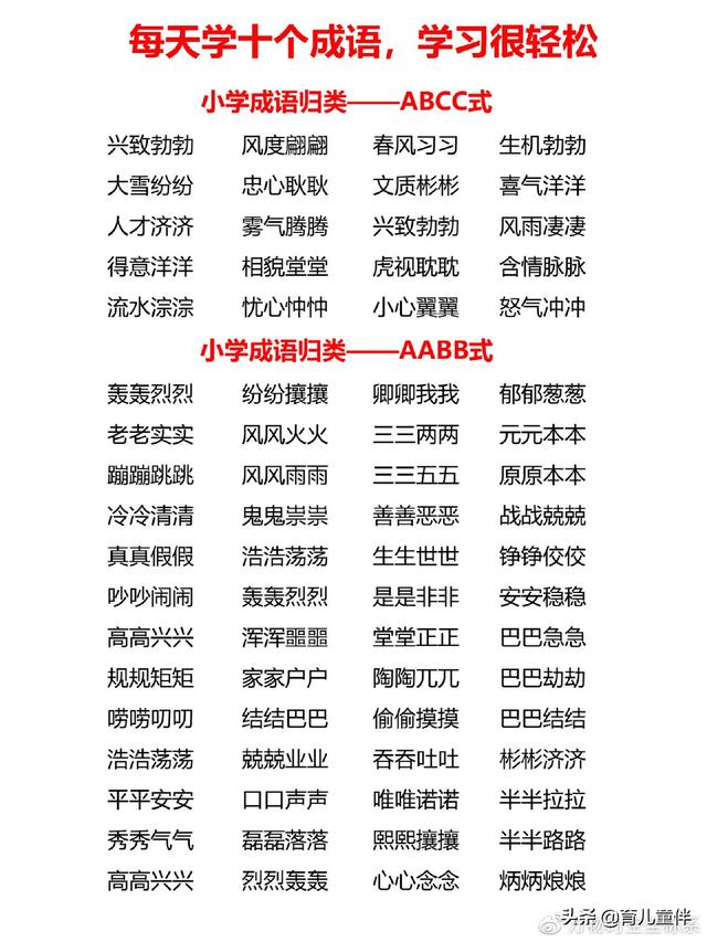 aabc式的词语有哪些，aabc式的词语有哪些三年级上册（小学成语ABAC式AABC式ABCC式AABB式）