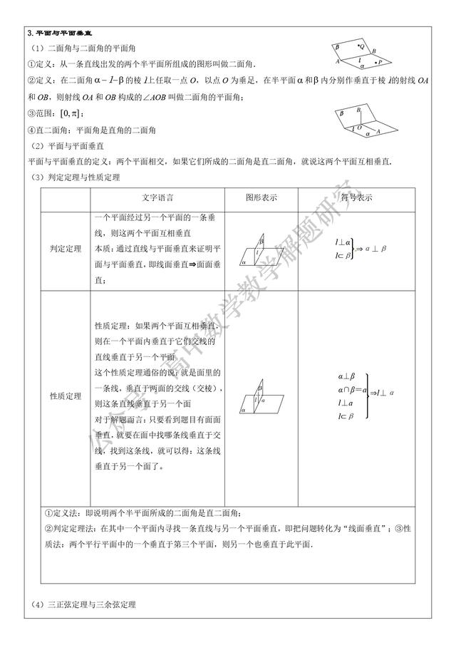 两平面垂直的条件是什么，两平面垂直可得什么（平面的垂直关系及三正弦三余弦定理）