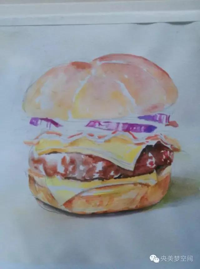 汉堡怎么画简单又漂亮，绘画系列之教你如何画简易汉堡（用水彩画美味的汉堡包）