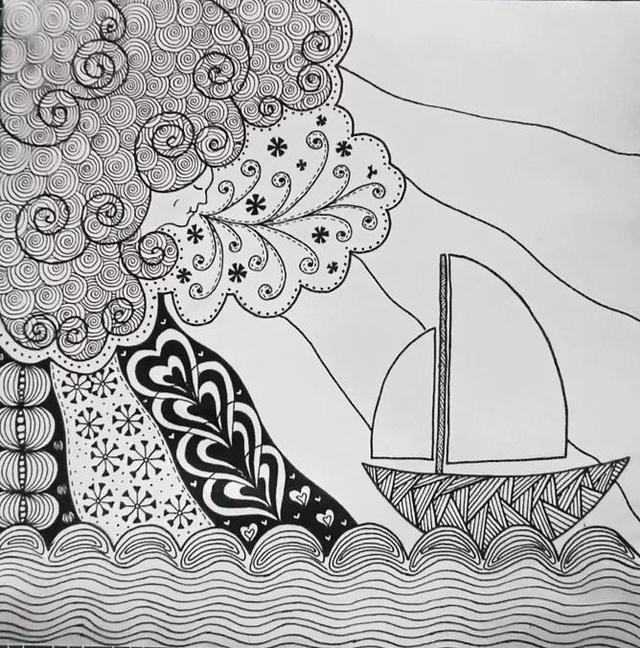 简笔画大海浪花的画法，简笔画大海浪花的画法视频（绘画教程‖黑白线描画《一帆风顺》）