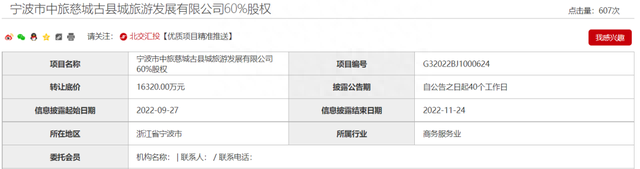 高调入主转向意兴阑珊，香港中旅1.6亿元兜售慈城项目公司60%股权