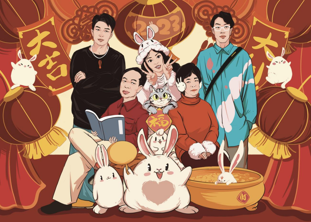 一家五口常分隔五地,今年过年画张漫画全家福