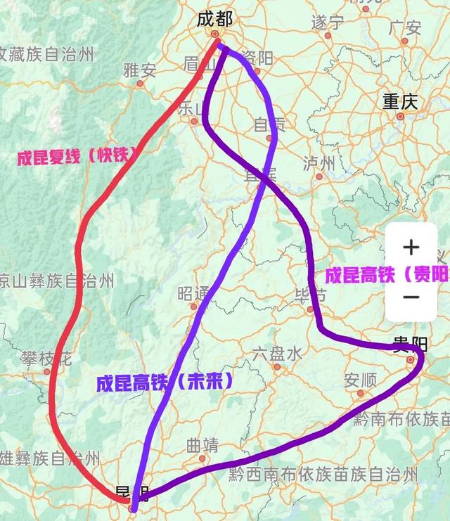 成昆往来很尴尬，三条铁路线通达，一条最快仅三小时，不绕贵阳