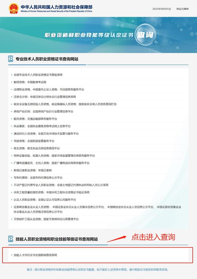 中华人民共和国劳动和社会保障部，中国人事部（人力资源社会保障部公布职业资格和职业技能等级认定证书查询网站）