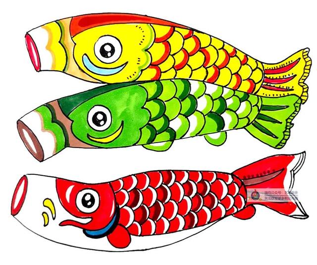 鱼怎么画简单又漂亮，鱼的简笔画（综合创意画--飘扬的鲤鱼旗）