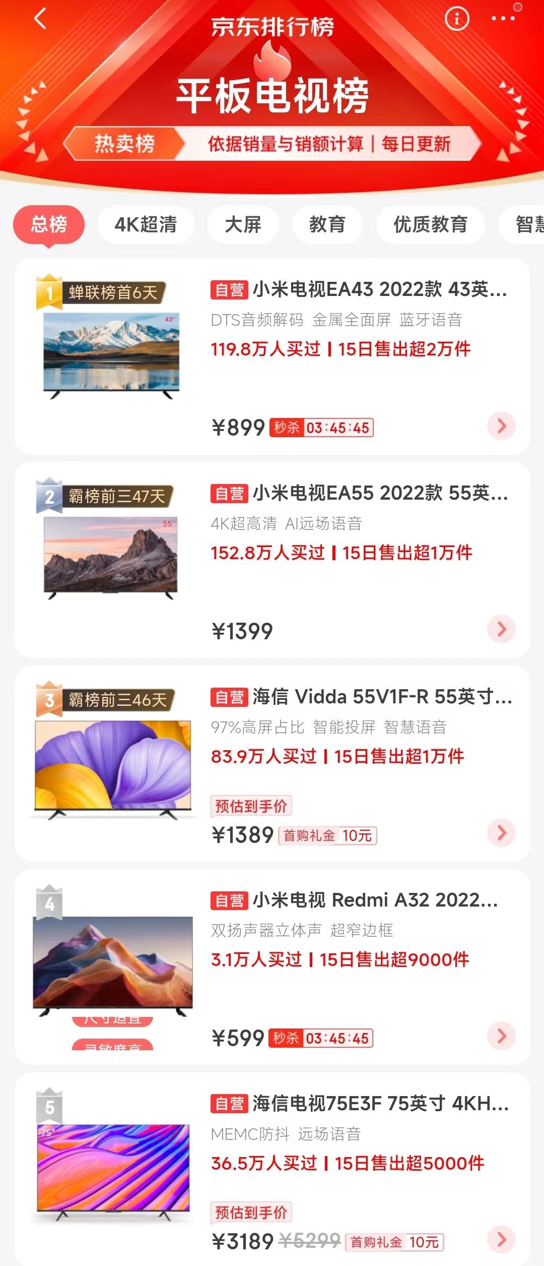 液晶电视的价格最新报价（第一名售价899元）