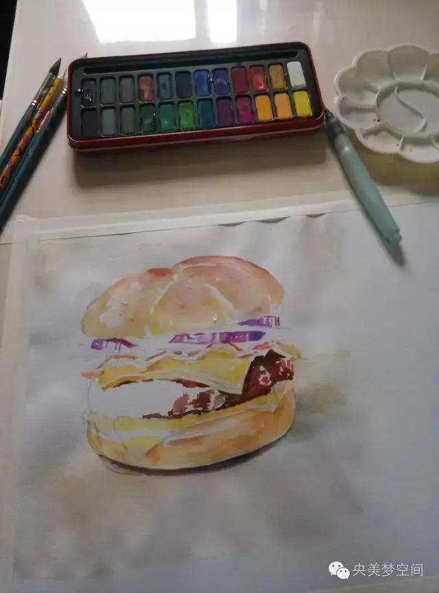 汉堡怎么画简单又漂亮，绘画系列之教你如何画简易汉堡（用水彩画美味的汉堡包）