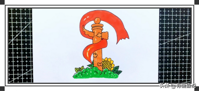 国庆节主题绘画简易画，彩色线描简笔画风格