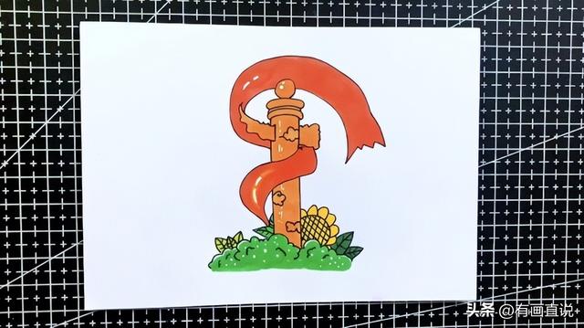 国庆节主题绘画简易画，彩色线描简笔画风格