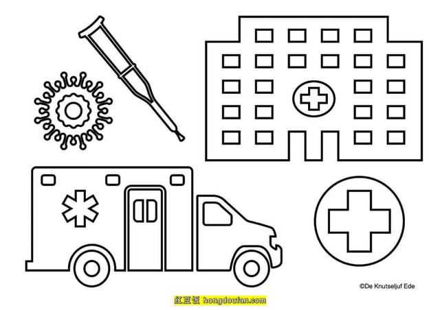 医院图片简笔画，医院的简笔画教程（12张病毒医院救护车纱布剪刀听诊器卡通简笔画）