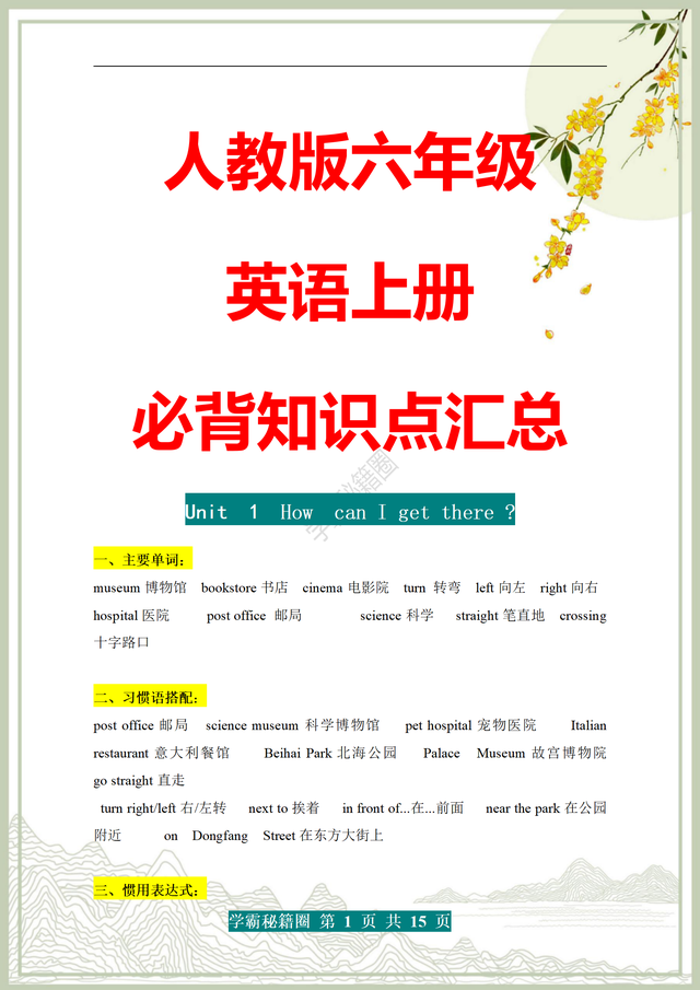 6年级上册英语句子摘抄，6年级上册英语句子摘抄人教版（六年级上册英语单词+短语+句型+范文）