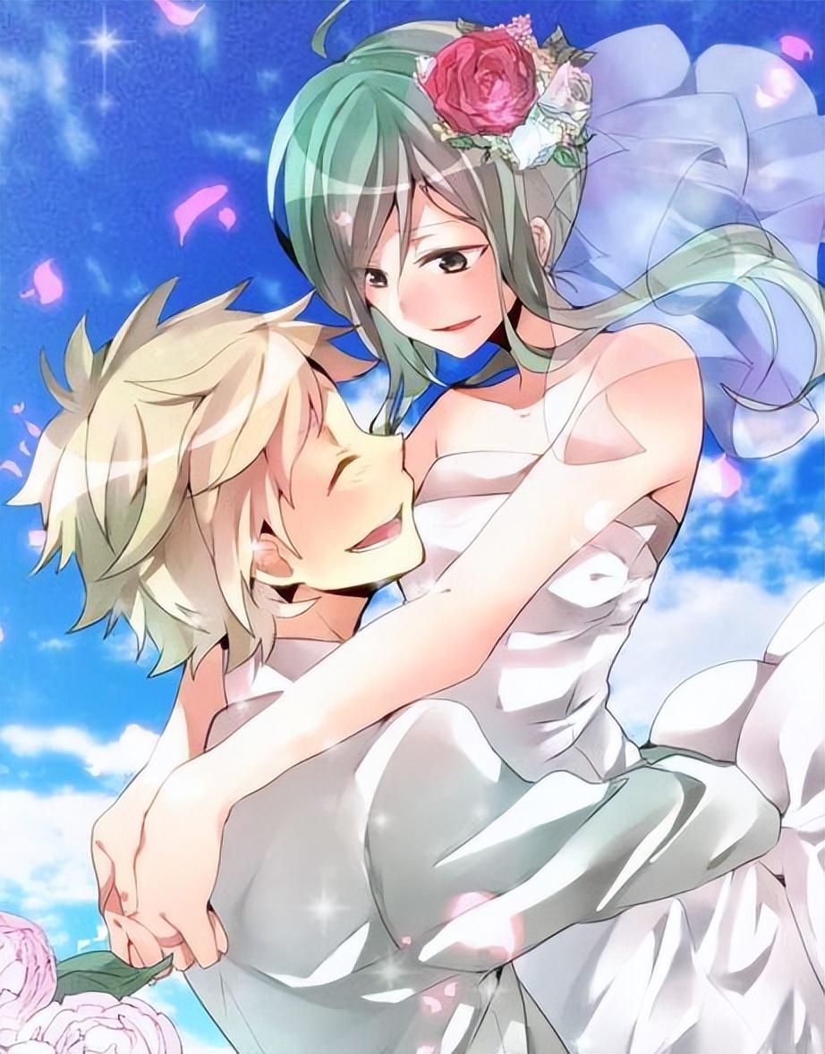 双鱼座:双鱼座专属情侣动漫插画,看起来十分的甜蜜,穿白色婚裙的女孩