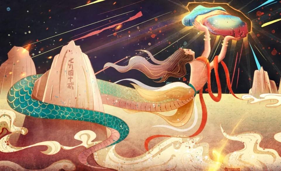 导致天边出现了个大窟窿,大地泛滥着洪水,是创世女神女娲用五彩石补天