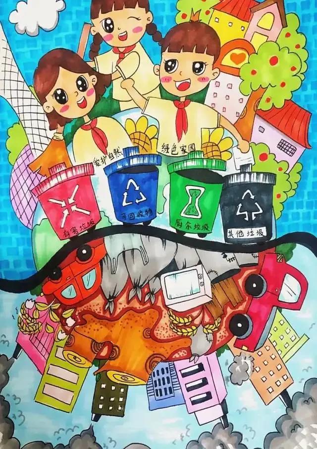 垃圾分类儿童画，主题儿童画垃圾分类教程（创意美术：垃圾分类作品范画）