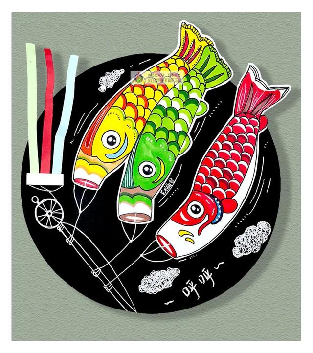 鱼怎么画简单又漂亮，鱼的简笔画（综合创意画--飘扬的鲤鱼旗）