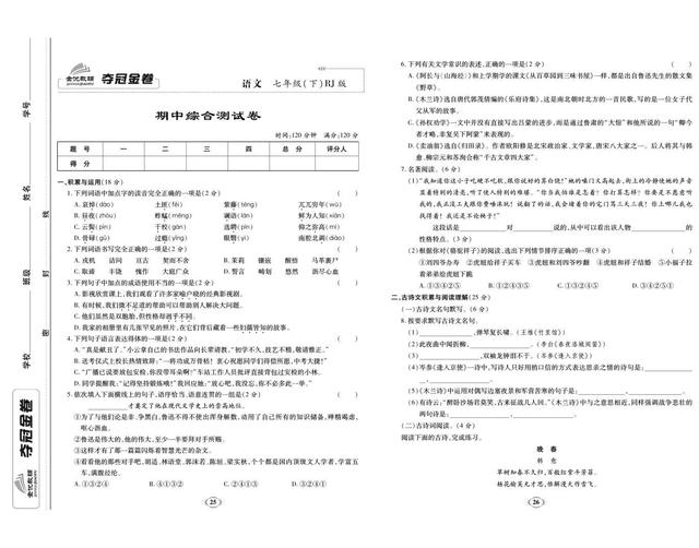 语文七年级下册学练优试卷电子版，初中人教版七年级语文下册试卷