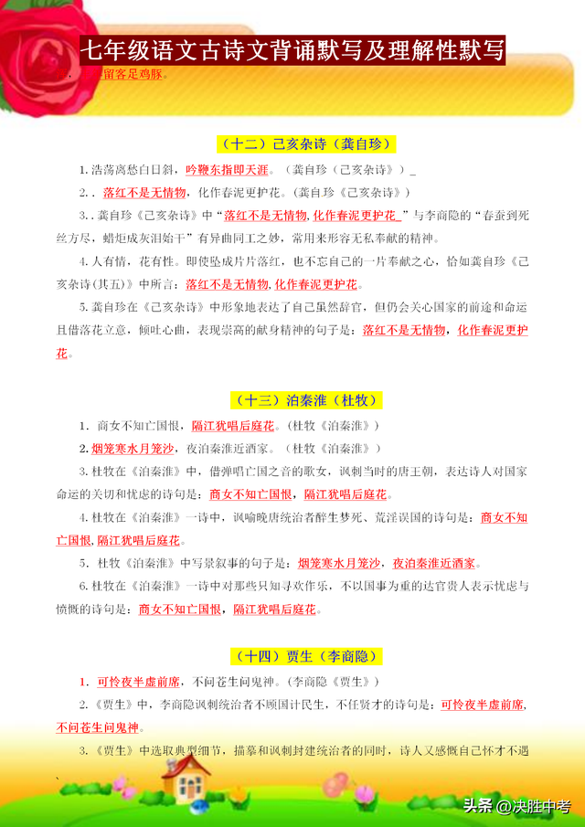 七年级古诗文必考题，七年级语文古诗文背诵及理解性默写归纳