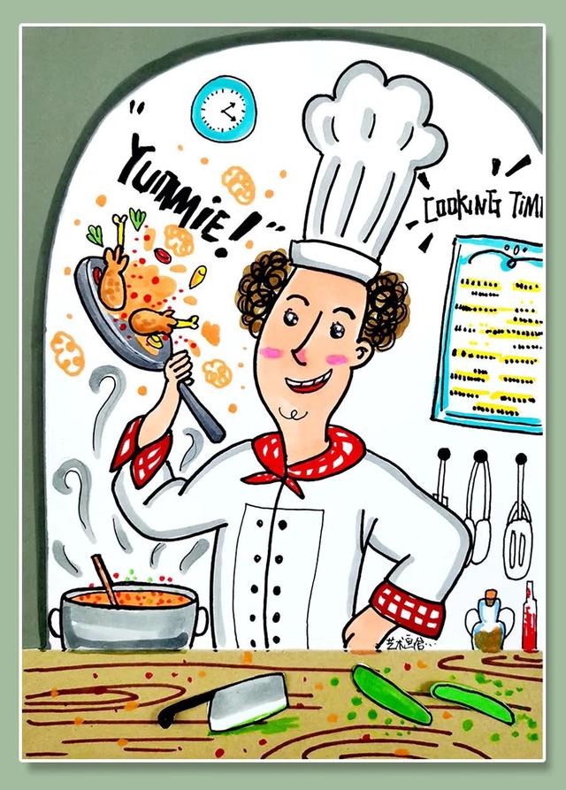 厨房怎么画简笔画，厨房怎么画简笔画 儿童（创意线描画--餐厅里的大厨师）