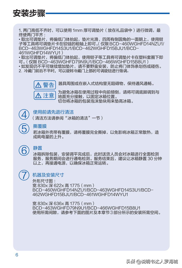 海尔冰箱使用说明书，海尔冰箱操作手册介绍（BCD-461WGHFD14WYU1说明书）