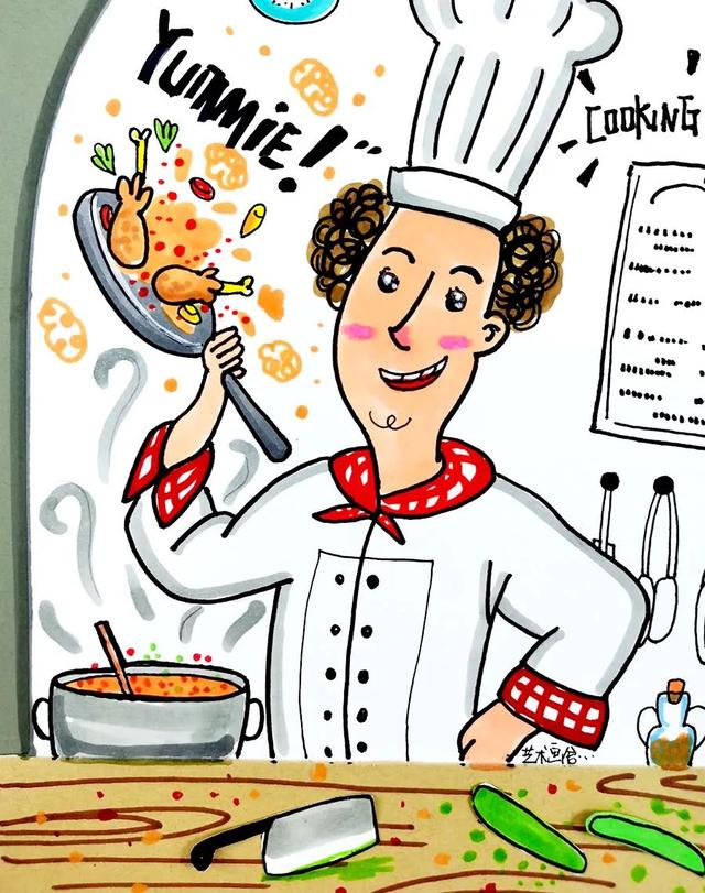 厨房怎么画简笔画，厨房怎么画简笔画 儿童（创意线描画--餐厅里的大厨师）