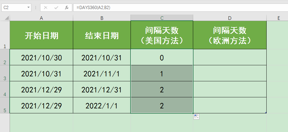 天数间隔计算器，计算日期之间天数（days360函数计算日期间隔天数时美国方法和欧洲方法有什么不同）