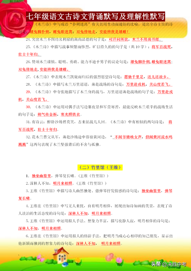 七年级古诗文必考题，七年级语文古诗文背诵及理解性默写归纳