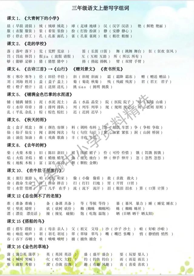 孩组词有哪些，孩组词有哪些四字（三年级上册生字组词，家长打印）