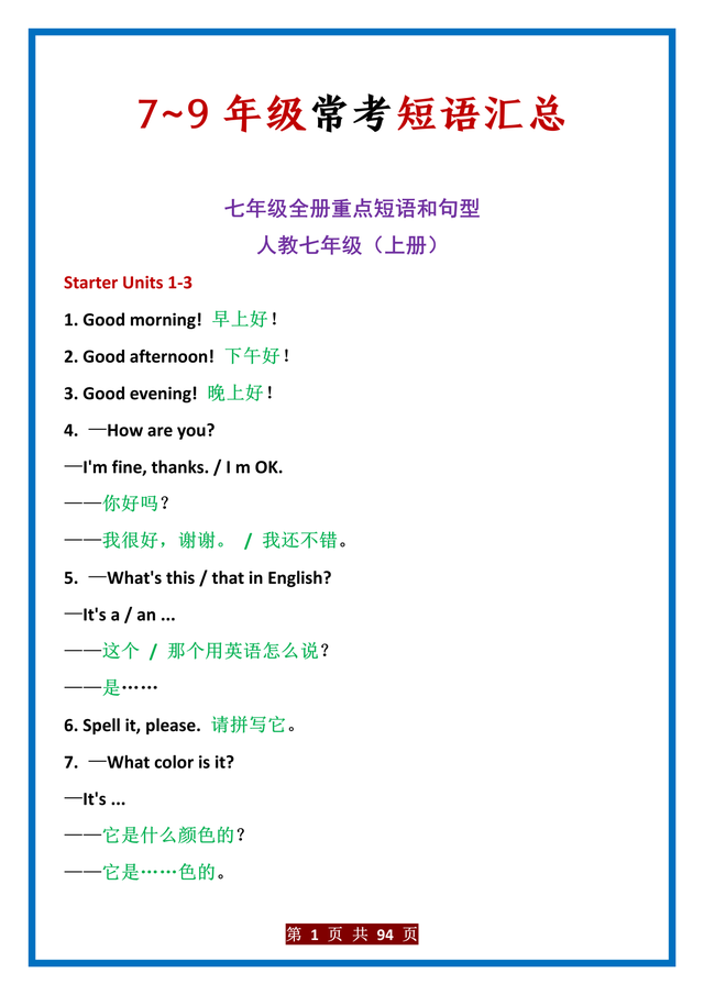 忽略的英文短语，忽略的英文（7~9年级常考的短语汇总）